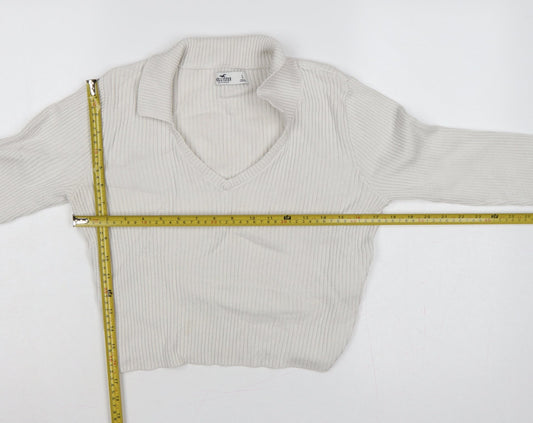 Hollister Women Ivory L Ribbed V-Neck Collared Knit Jumper
