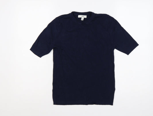 Marks and Spencer Women Blue M Rib Knit Short Sleeve Crew Neck T-Shirt
