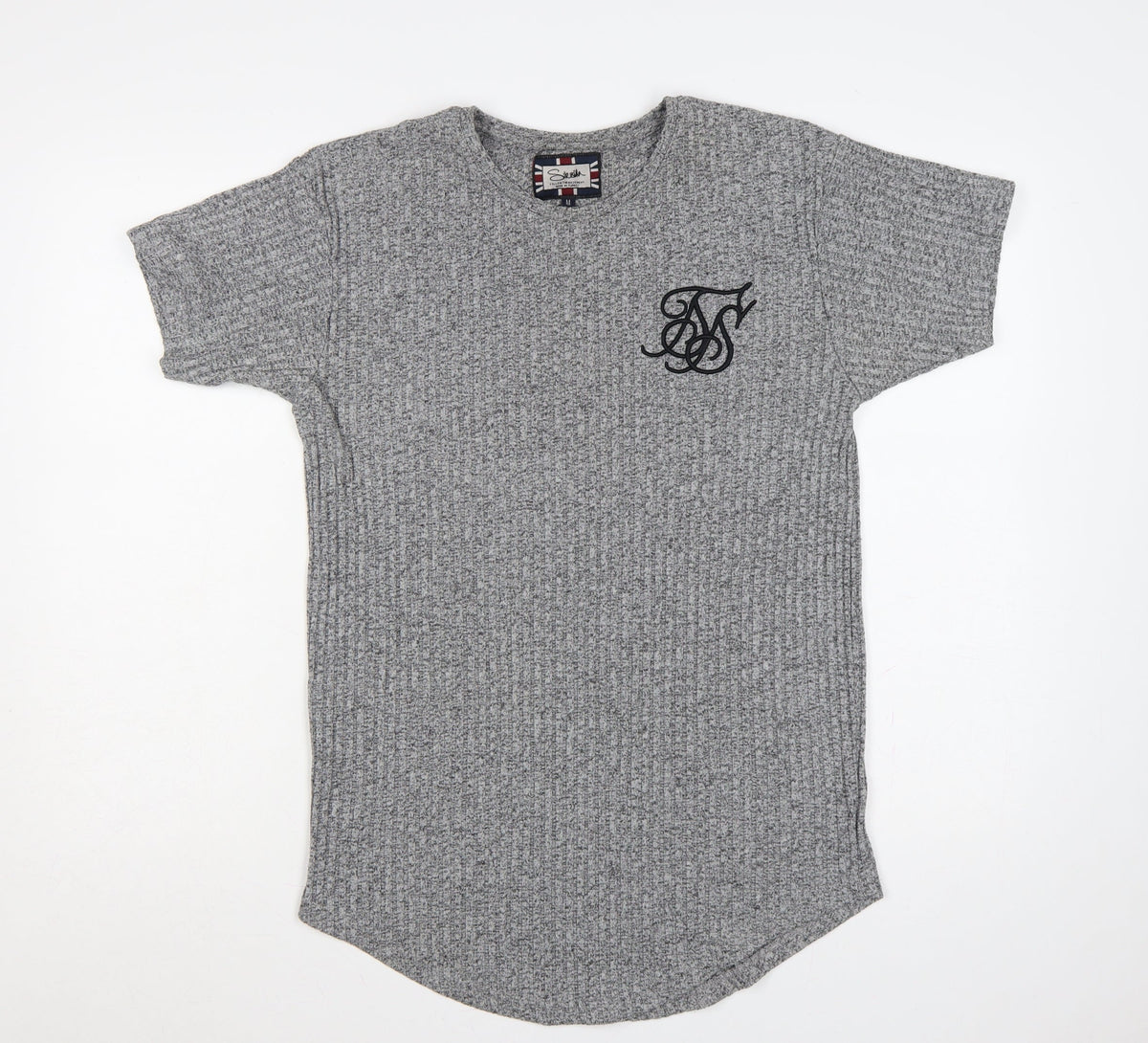 SikSilk Men's Grey M Slim Fit Curved Hem Embroidered Logo T-Shirt