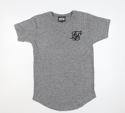 SikSilk Men's Grey M Slim Fit Curved Hem Embroidered Logo T-Shirt