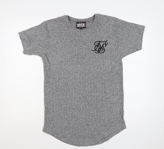 SikSilk Men's Grey M Slim Fit Curved Hem Embroidered Logo T-Shirt