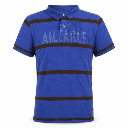American Eagle Mens Blue Brown Striped Logo Polo Shirt XLT