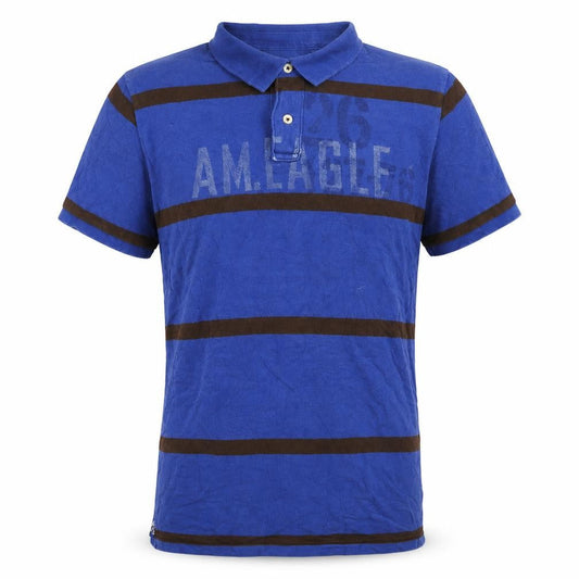 American Eagle Mens Blue Brown Striped Logo Polo Shirt XLT