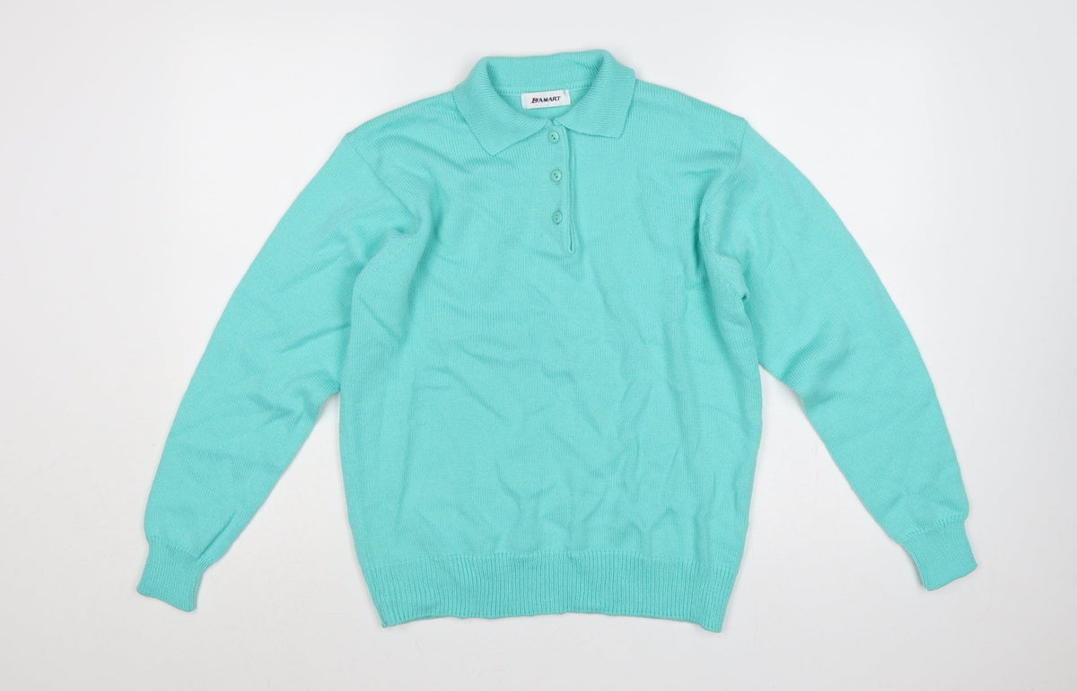 Damart Women Blue Size 12 Henley Collared Acrylic Knit Jumper Long Sleeve