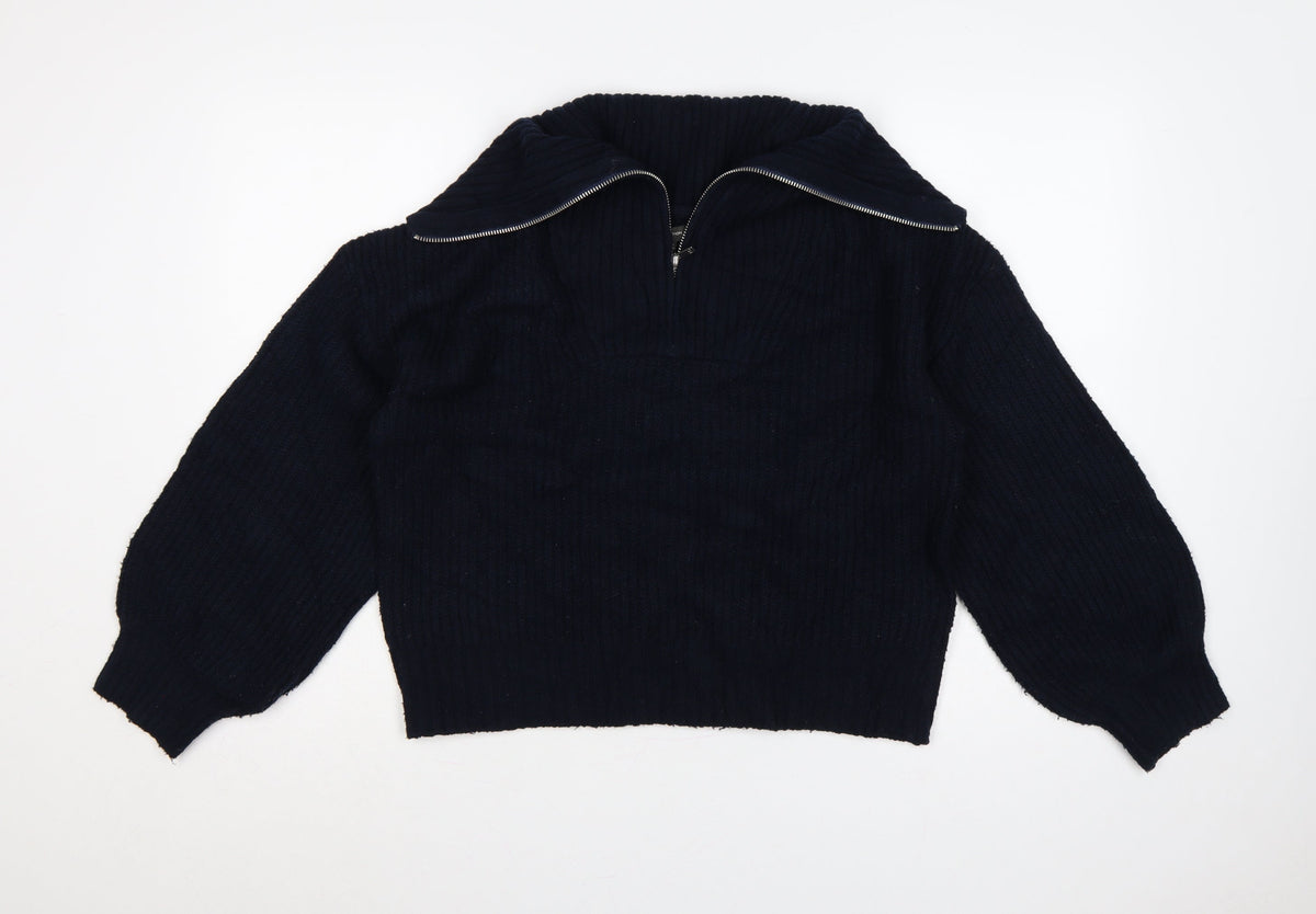 Additional front view of French Connection Women’s Blue M Rib Knit 1/4 Zip High Neck Jumper
