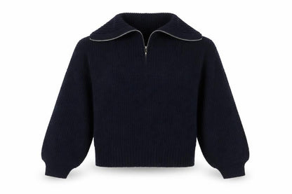 Front view of French Connection Women’s Blue M Rib Knit 1/4 Zip High Neck Jumper
