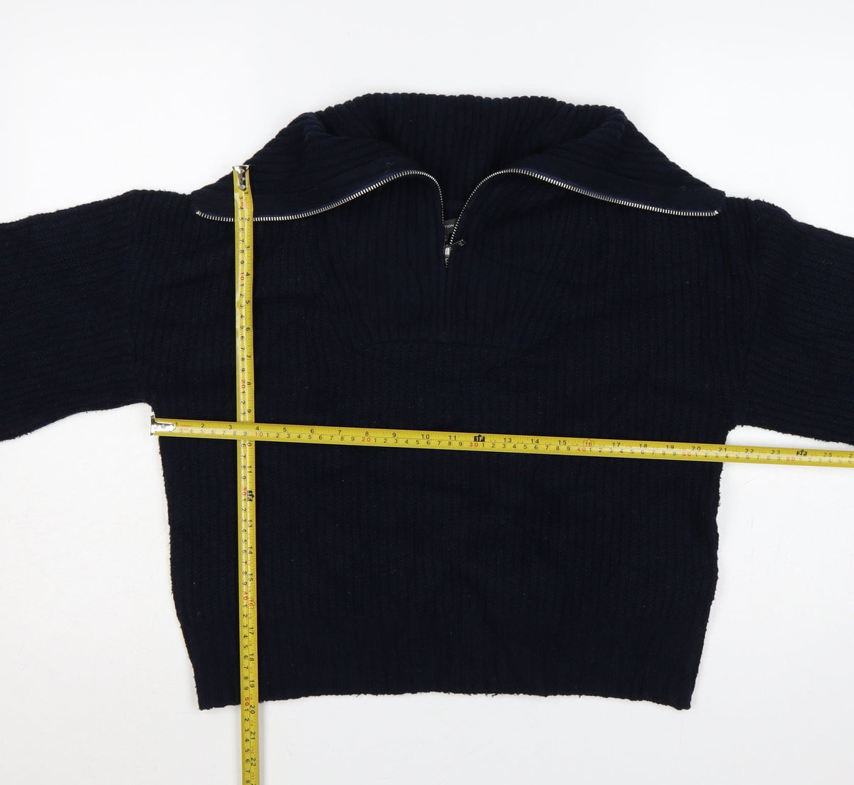 Back view of French Connection Women’s Blue M Rib Knit 1/4 Zip High Neck Jumper