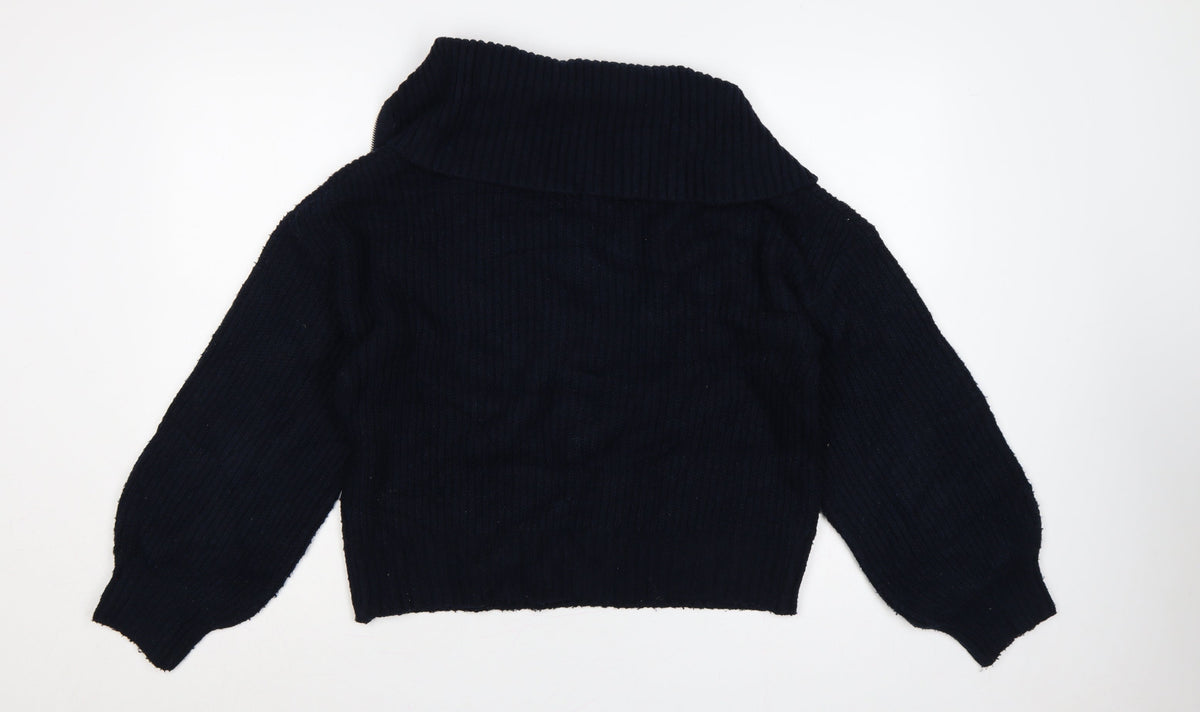 Close-up detail of French Connection Women’s Blue M Rib Knit 1/4 Zip High Neck Jumper