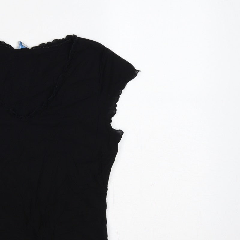 Oasis Women Black UK 14 Slim Basic Ruffle Trim Cap Sleeve T-Shirt
