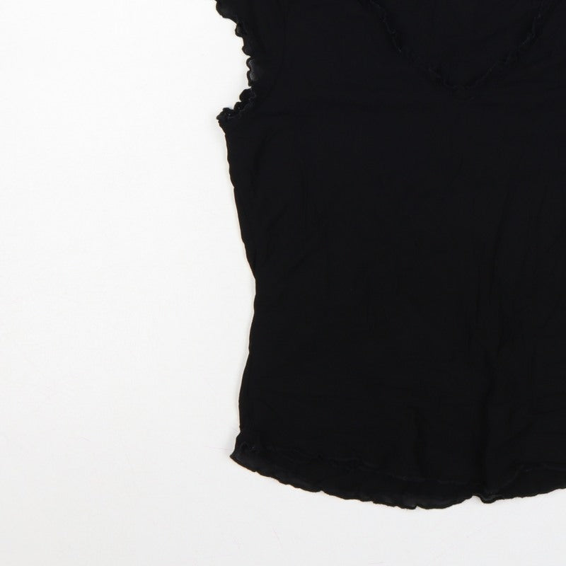 Oasis Women Black UK 14 Slim Basic Ruffle Trim Cap Sleeve T-Shirt
