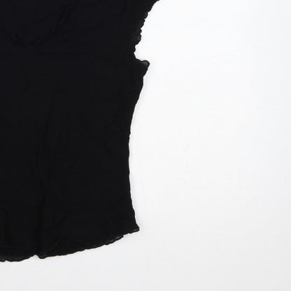 Oasis Women Black UK 14 Slim Basic Ruffle Trim Cap Sleeve T-Shirt