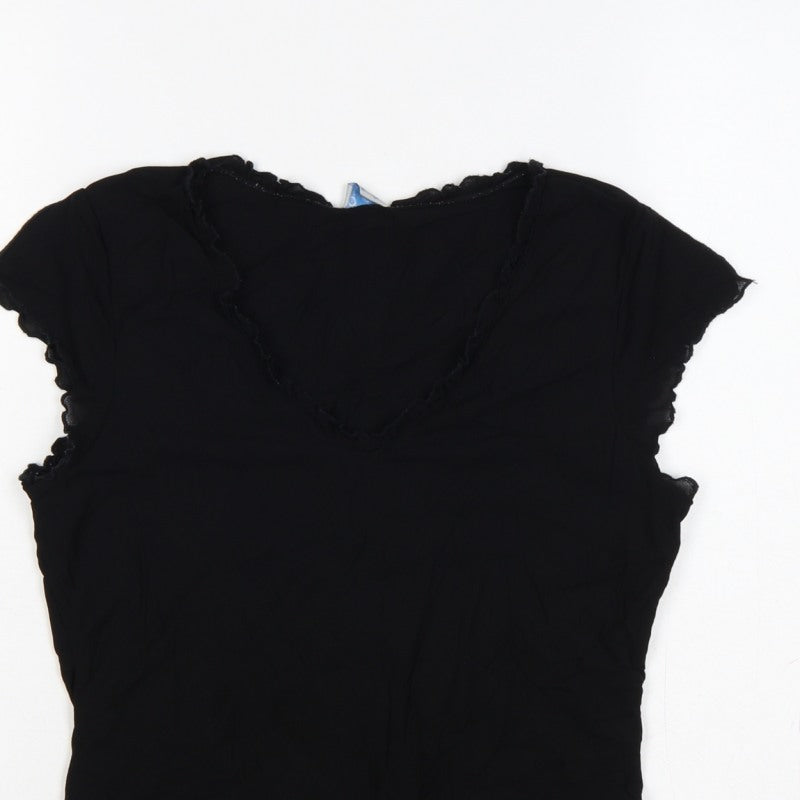 Oasis Women Black UK 14 Slim Basic Ruffle Trim Cap Sleeve T-Shirt