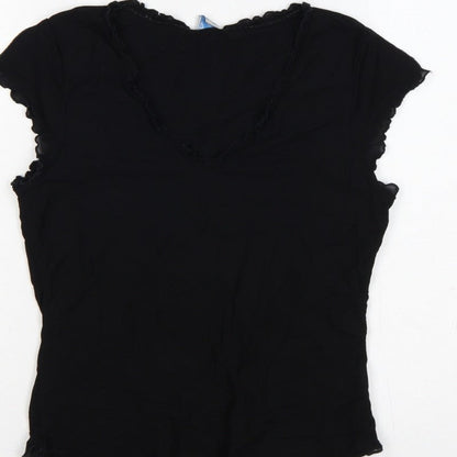 Oasis Women Black UK 14 Slim Basic Ruffle Trim Cap Sleeve T-Shirt