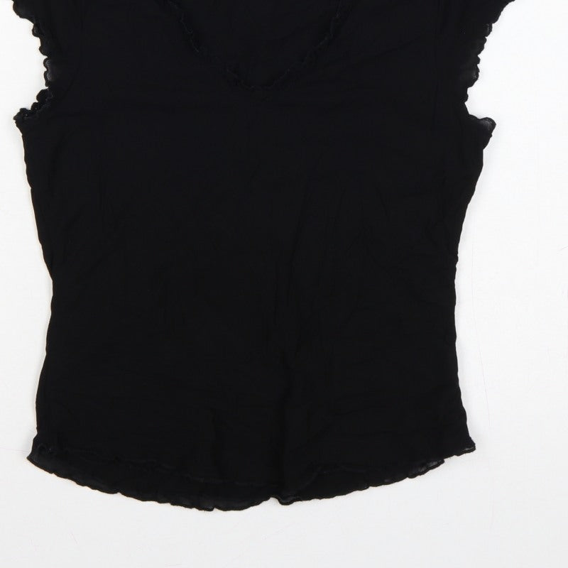 Oasis Women Black UK 14 Slim Basic Ruffle Trim Cap Sleeve T-Shirt
