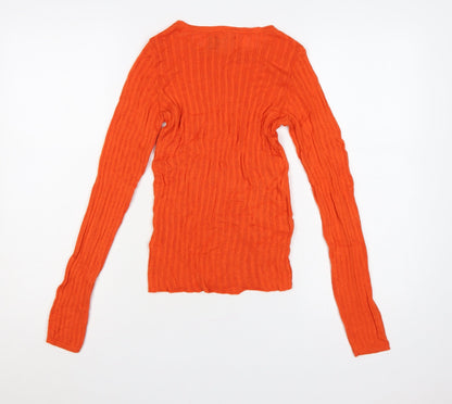 Close-up detail of ASOS Design Women’s Orange Ribbed Crew Neck Slim Knit Jumper UK 12