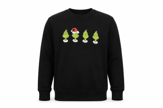 Front view of The Grinch Men’s Black S Christmas Graphic Print Crew Neck Sweatshirt