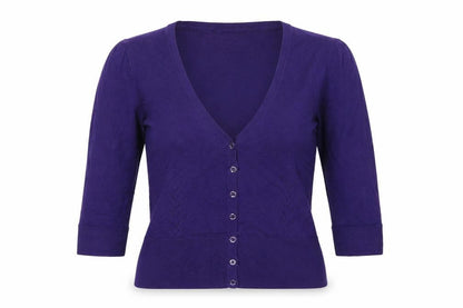 Monsoon Women Purple UK 12 V-Neck 3/4 Sleeve Cotton Button Cardigan