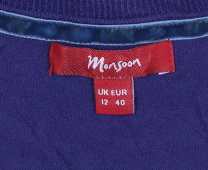 Monsoon Women Purple UK 12 V-Neck 3/4 Sleeve Cotton Button Cardigan
