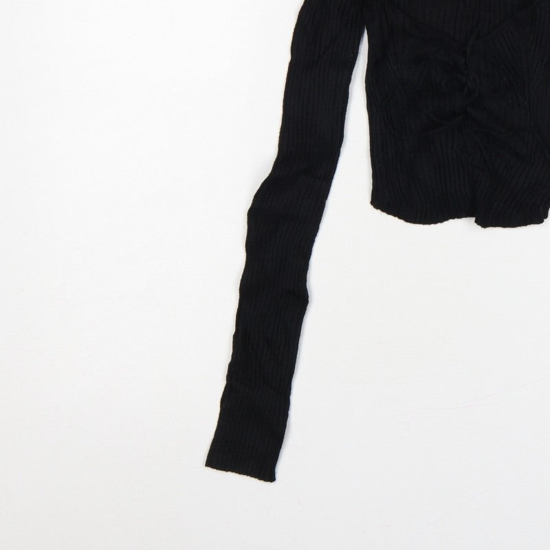 Urban Outfitters Women Black S Petite Cropped Rib Knit Wrap Blouse