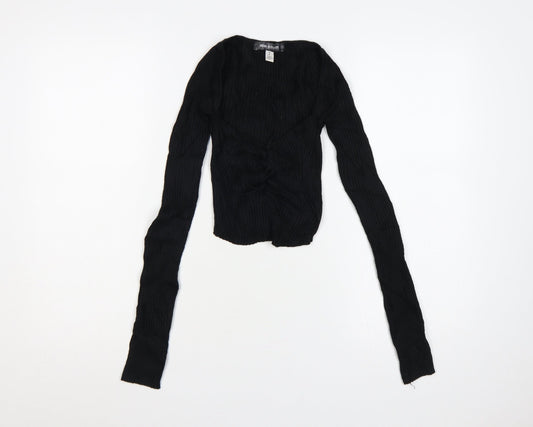 Urban Outfitters Women Black S Petite Cropped Rib Knit Wrap Blouse