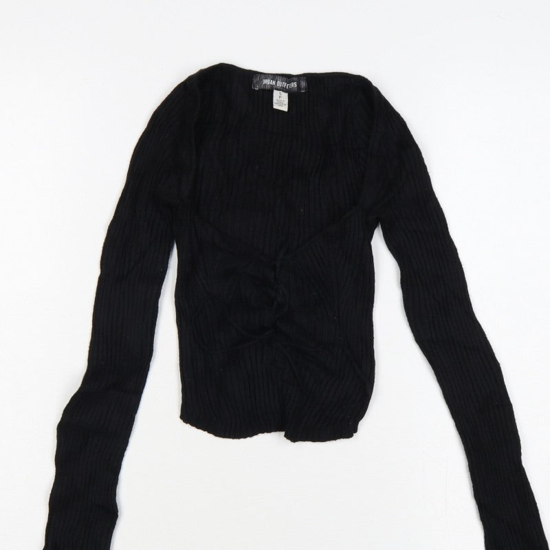 Urban Outfitters Women Black S Petite Cropped Rib Knit Wrap Blouse