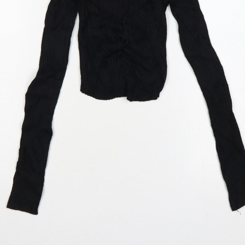 Urban Outfitters Women Black S Petite Cropped Rib Knit Wrap Blouse
