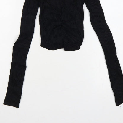Urban Outfitters Women Black S Petite Cropped Rib Knit Wrap Blouse