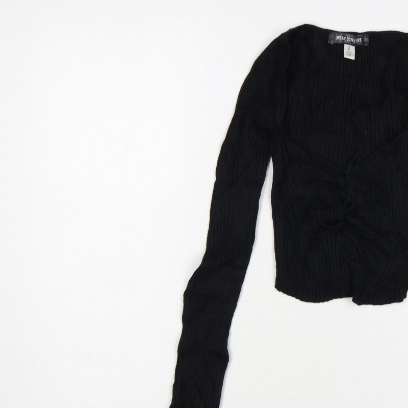 Urban Outfitters Women Black S Petite Cropped Rib Knit Wrap Blouse