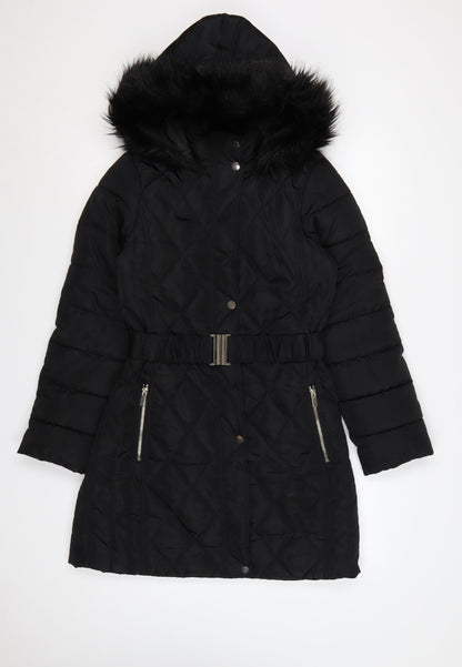 Dorothy Perkins Women Black UK 10 Quilted Belted Faux Fur Hood Puffer Coat