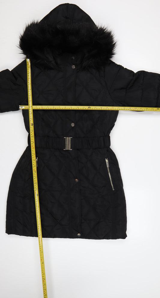 Dorothy Perkins Women Black UK 10 Quilted Belted Faux Fur Hood Puffer Coat