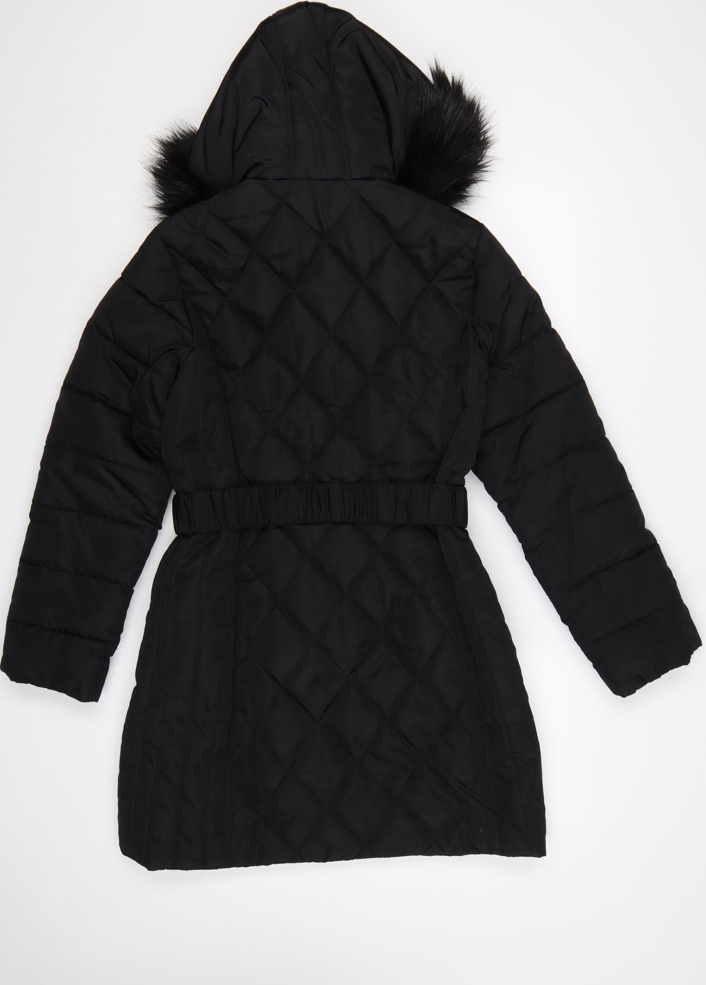 Dorothy Perkins Women Black UK 10 Quilted Belted Faux Fur Hood Puffer Coat