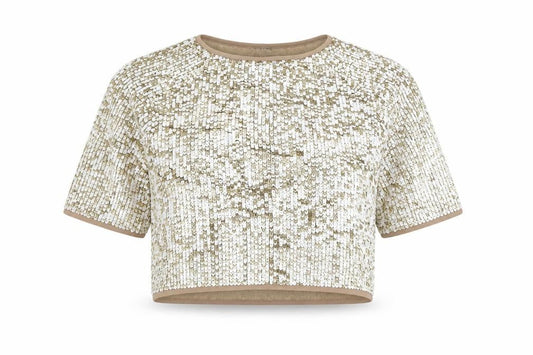 Topshop Women Gold Sequin Cropped Short Sleeve Party Top UK 8
