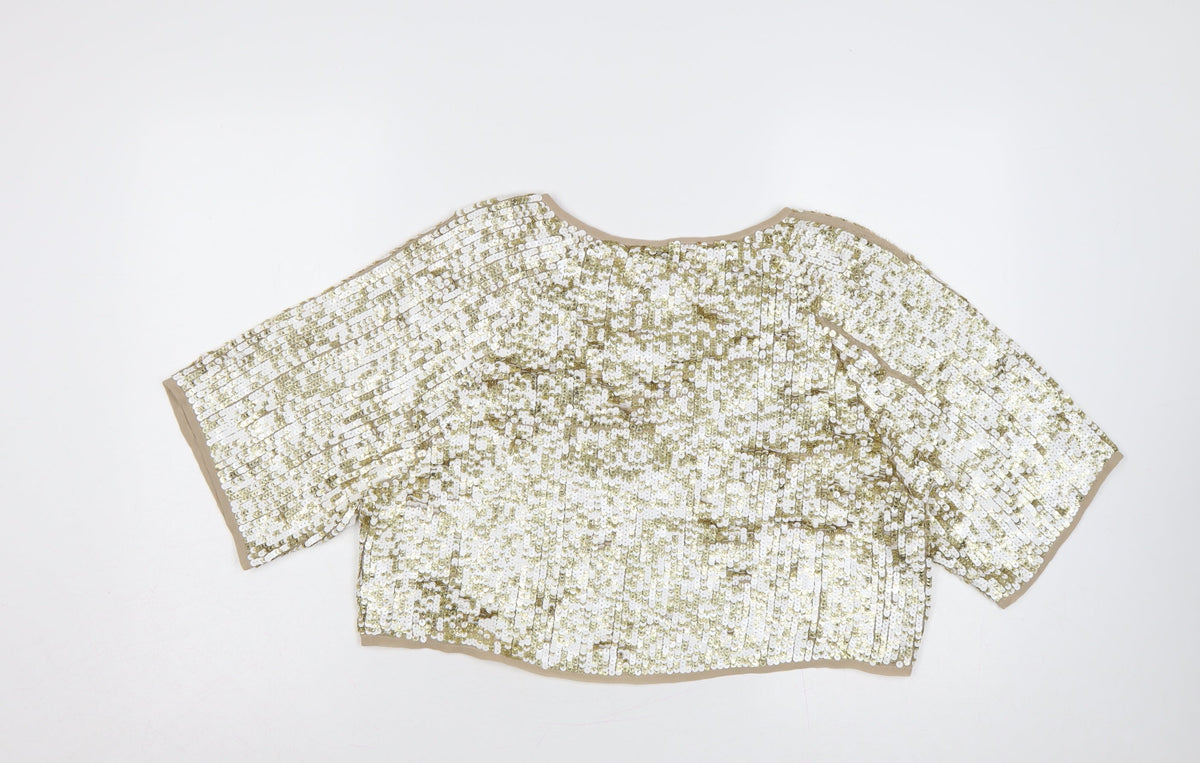 Topshop Women Gold Sequin Cropped Short Sleeve Party Top UK 8