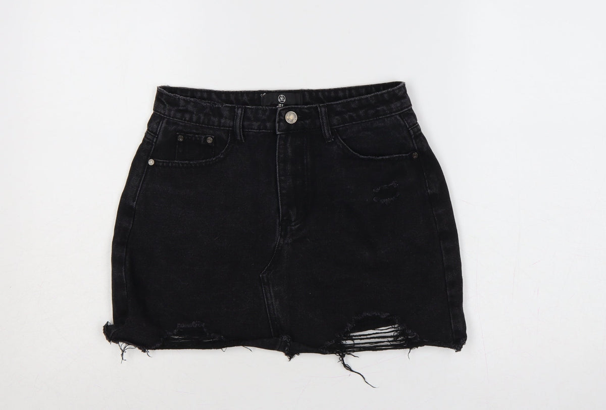Additional front view of Missguided Women Black UK 8 High Rise Distressed Denim Mini Pencil Skirt