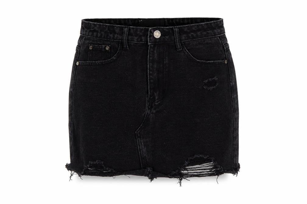 Front view of Missguided Women Black UK 8 High Rise Distressed Denim Mini Pencil Skirt
