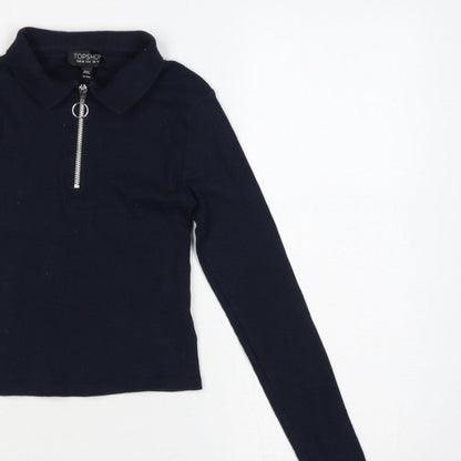 Topshop Women Blue UK 10 Slim Rib Knit Half Zip Collared Polo Top