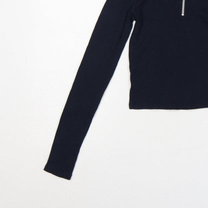 Topshop Women Blue UK 10 Slim Rib Knit Half Zip Collared Polo Top
