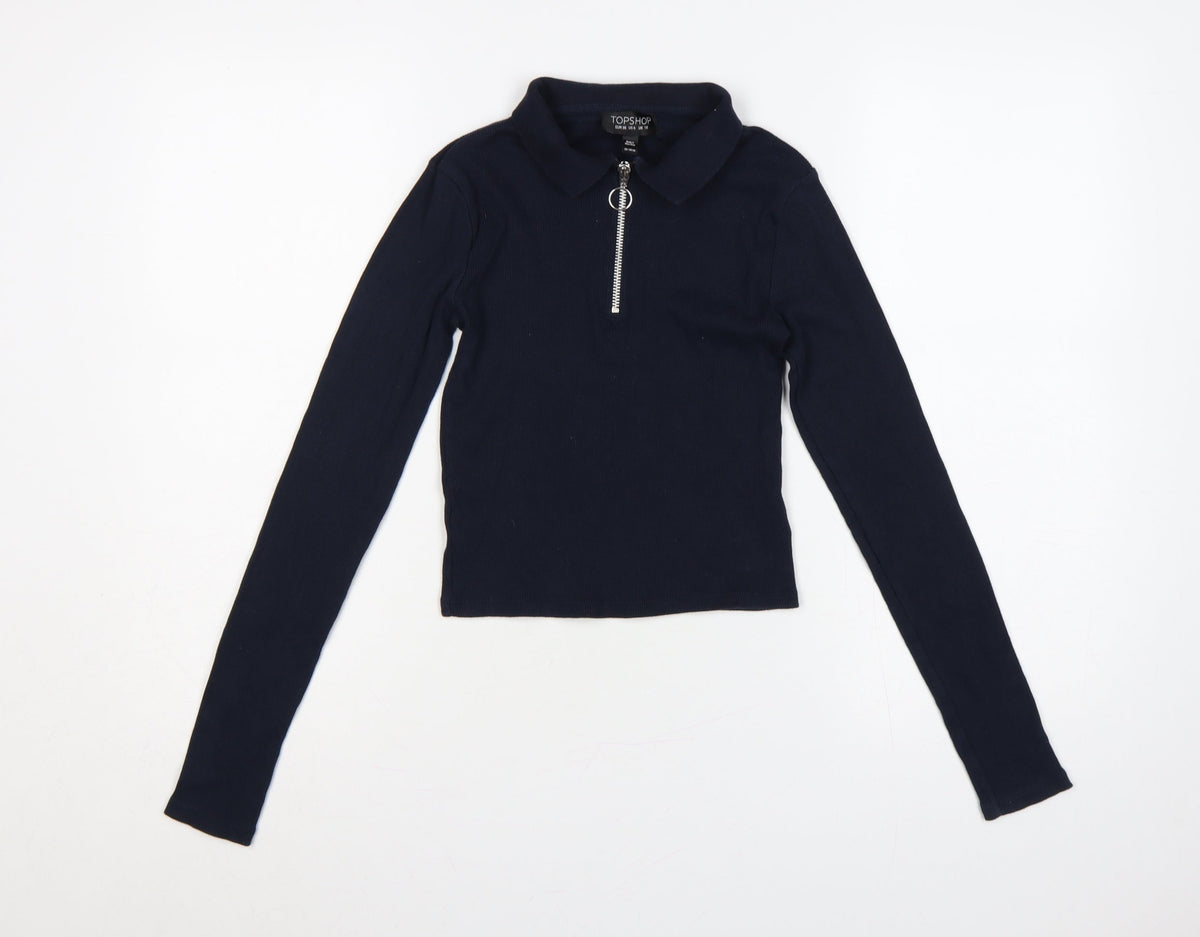 Topshop Women Blue UK 10 Slim Rib Knit Half Zip Collared Polo Top