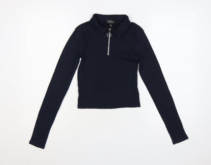 Topshop Women Blue UK 10 Slim Rib Knit Half Zip Collared Polo Top