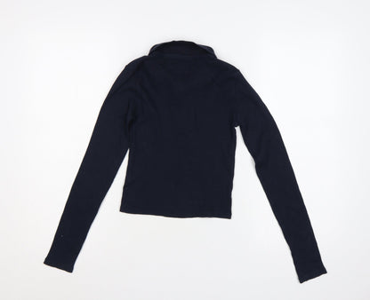 Topshop Women Blue UK 10 Slim Rib Knit Half Zip Collared Polo Top
