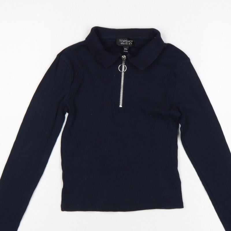 Topshop Women Blue UK 10 Slim Rib Knit Half Zip Collared Polo Top