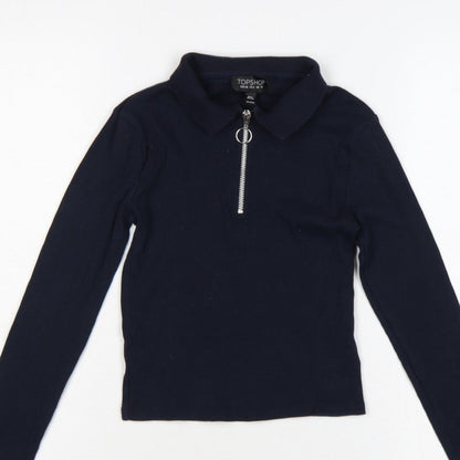 Topshop Women Blue UK 10 Slim Rib Knit Half Zip Collared Polo Top