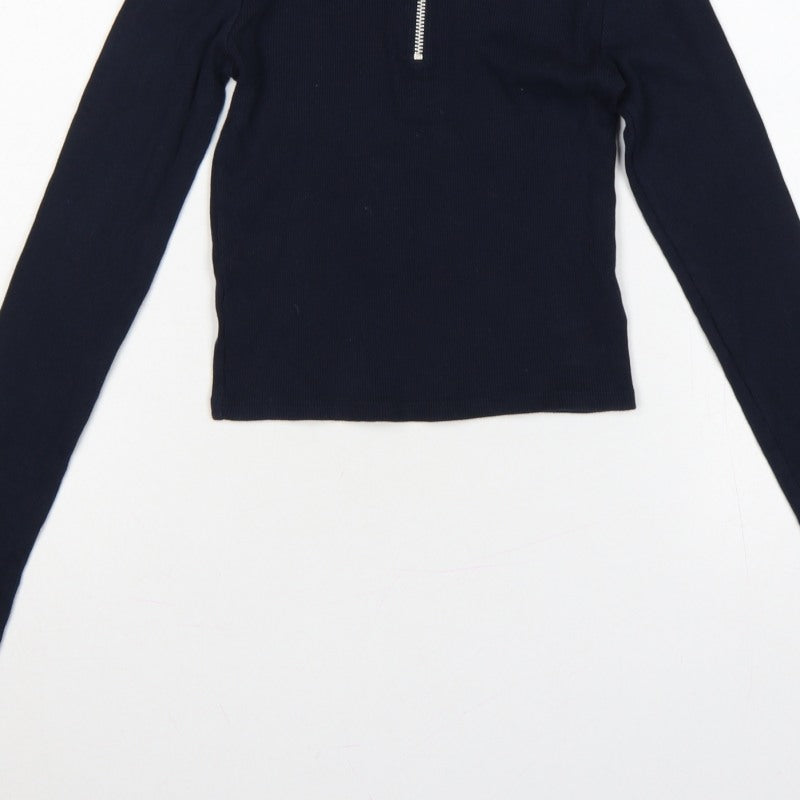 Topshop Women Blue UK 10 Slim Rib Knit Half Zip Collared Polo Top