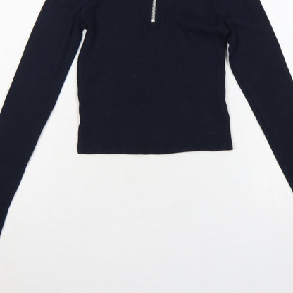 Topshop Women Blue UK 10 Slim Rib Knit Half Zip Collared Polo Top