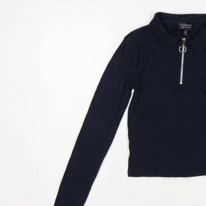 Topshop Women Blue UK 10 Slim Rib Knit Half Zip Collared Polo Top