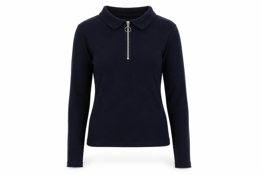 Topshop Women Blue UK 10 Slim Rib Knit Half Zip Collared Polo Top