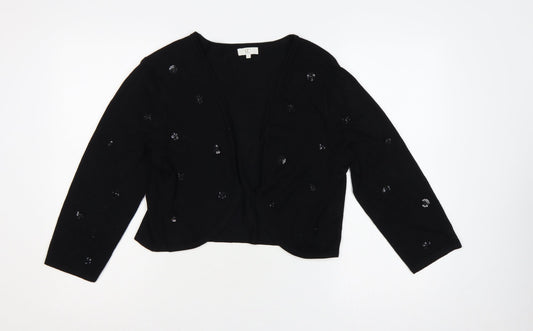 CC Women’s Black L Floral Embroidered Open V-Neck Cardigan