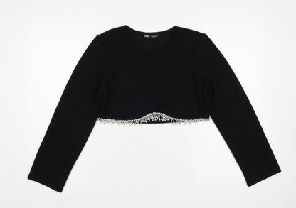 Zara Women Black S Cropped Knit Jumper Silver Beaded Hem Long Sleeve