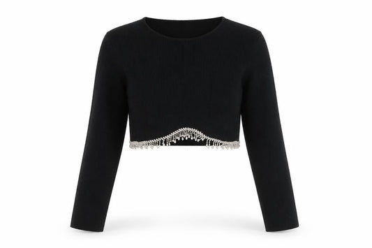 Zara Women Black S Cropped Knit Jumper Silver Beaded Hem Long Sleeve