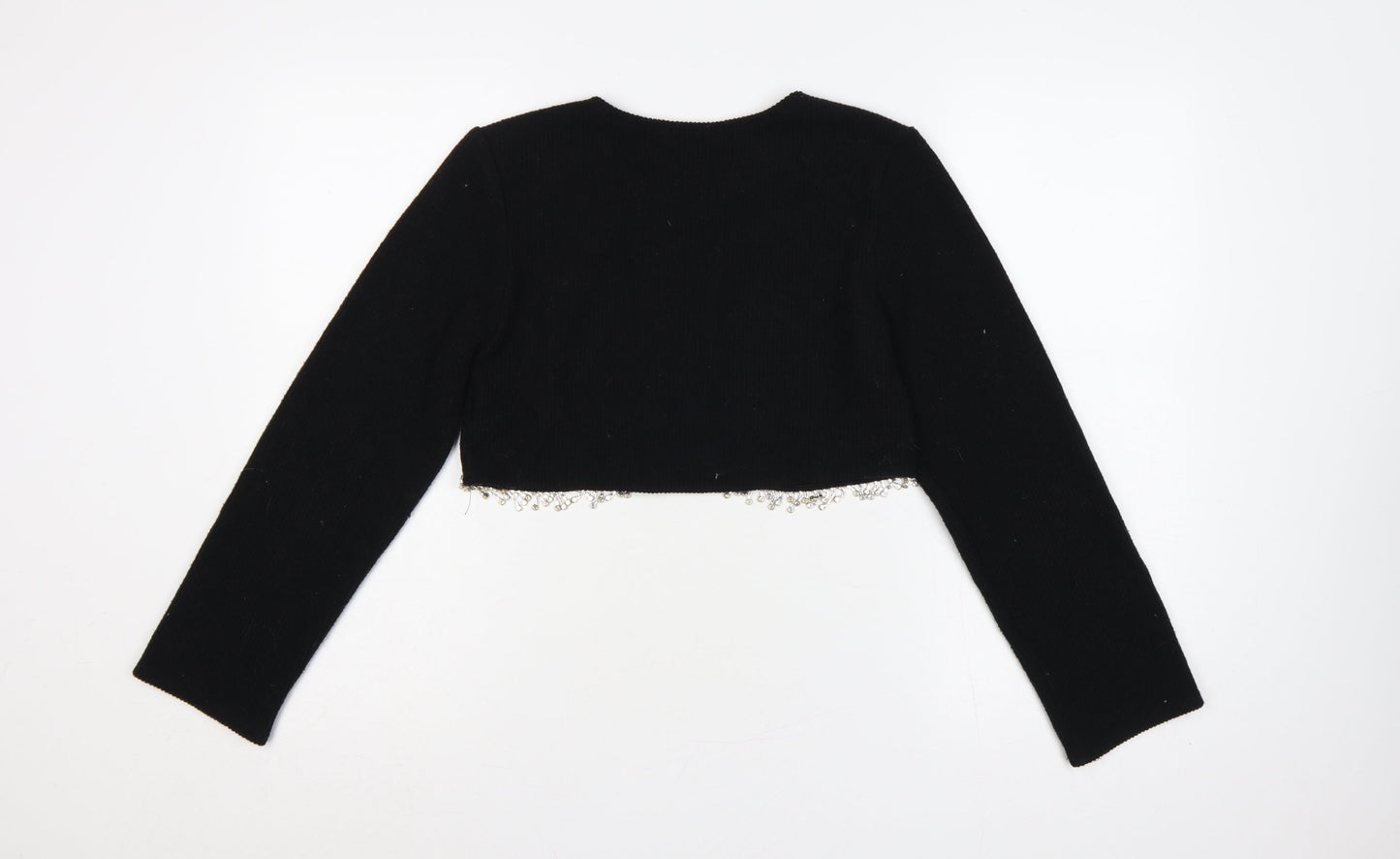 Zara Women Black S Cropped Knit Jumper Silver Beaded Hem Long Sleeve